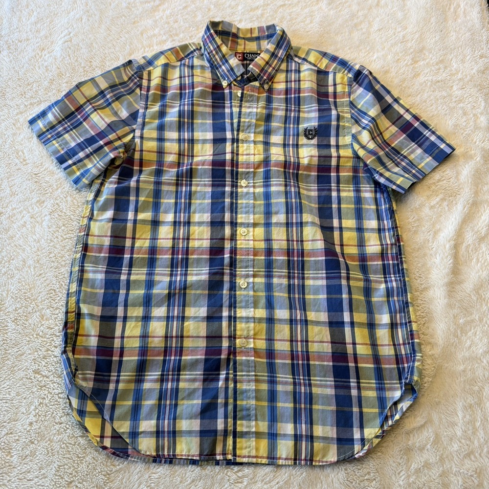 Chaps Mens Small Short Sleeve Button Down Shirt Plaid Blue Yellow Classic Preppy
